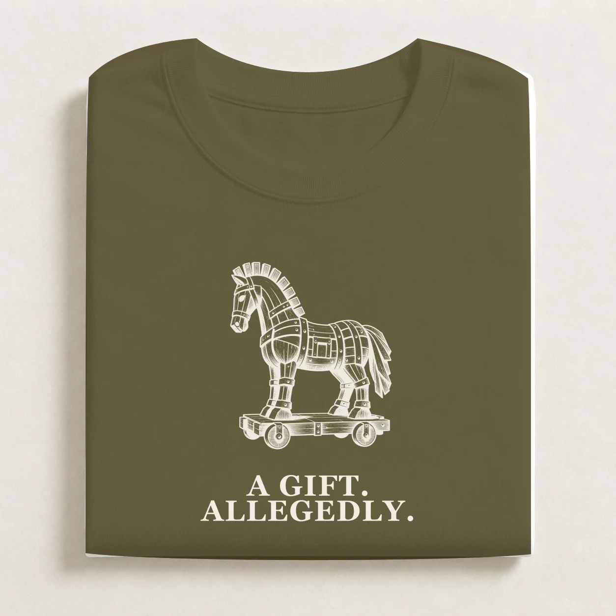 Trojan Horse printed on a folded Army T-shirt.